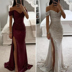 2026 Elegant Off-shoulder Gown Dress V-Neck Sequin Pleated Short Sleeve Waist Tight Maxi Dress Split Evening Party Prom Dress