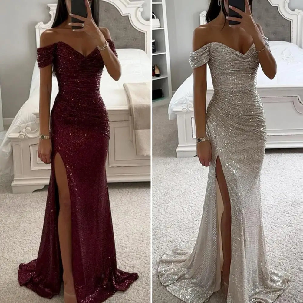 2026 Elegant Off-shoulder Gown Dress V-Neck Sequin Pleated Short Sleeve Waist Tight Maxi Dress Split Evening Party Prom Dress