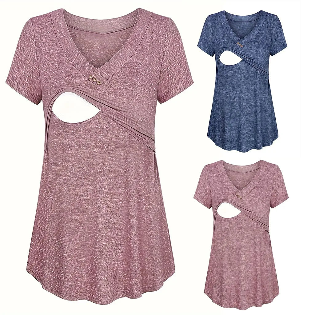 Casual Womens Maternity T-Shirt Top Summer Soild Color Short Sleeve  Tee Shirt Crew Neck Basic Nursing Tops Comfort Tee Main image