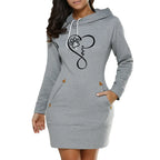 Womens Dress Neck Side Zipper Long Sleeve Hooded Sports Skirt Casual Printing Knee-Length Dress European Style Streetwear S-3XL