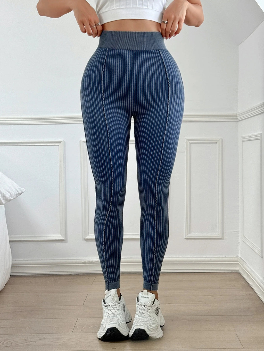 Women High Waisted Sand Washed Ribbed Leggings V Shaped Waistband Peach Hip Lifting Yoga Fitness Pants Stretchy Workout Leggings
