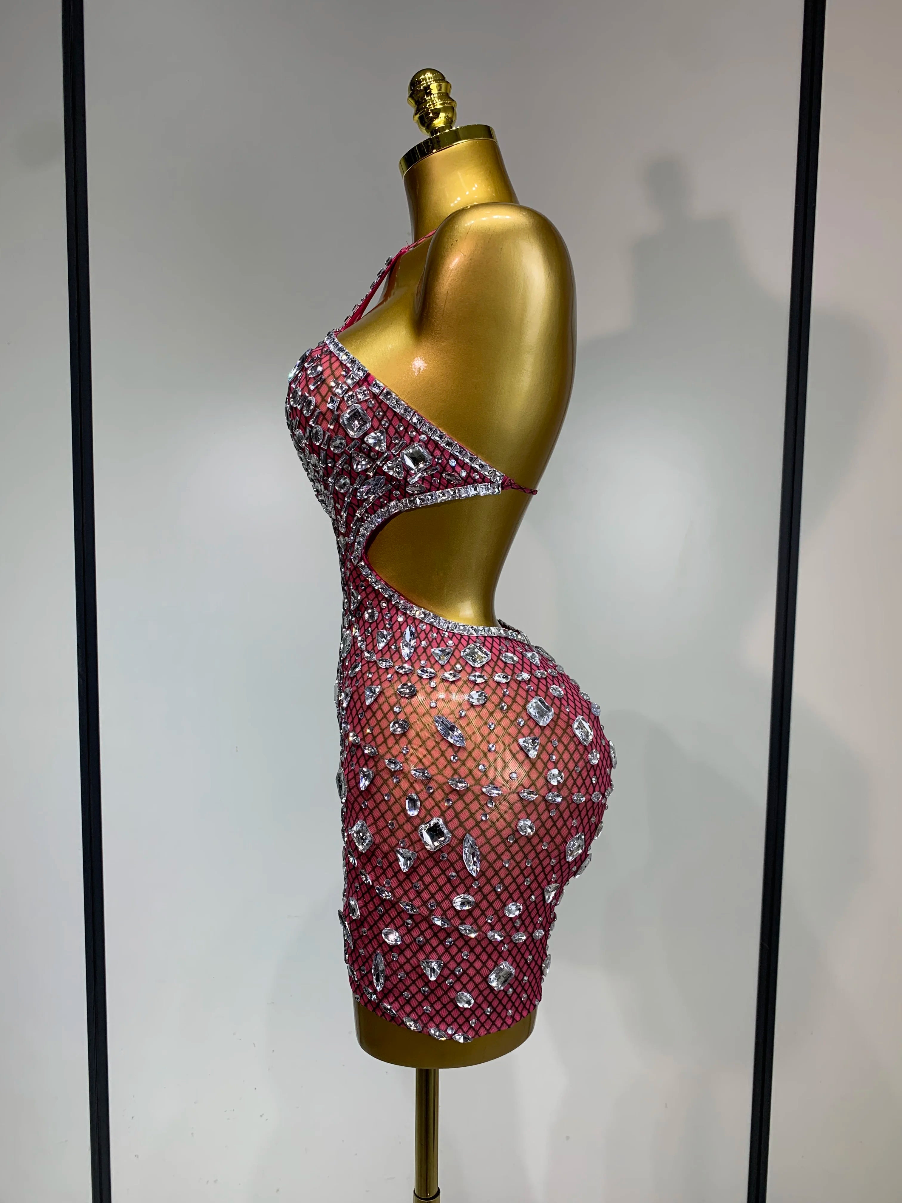 Sexy Sparkly Diamond Backless Short Dress 2026 Women Sleeveless Mesh See Through Evening Birthday Gown Singer Stage Outfit