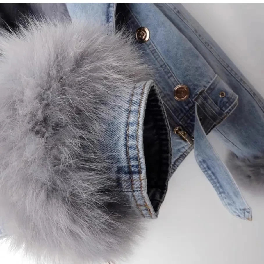 New Women Faux Fox Fur Collar Jean Coat Winter Jacket Female Short Warm Parkas Rabbit Hair Lining Outwear Fashion Overcoat