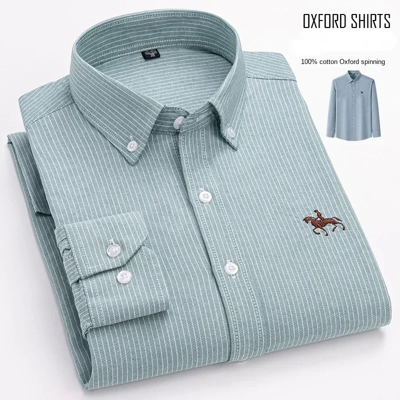 Casual Pure Cotton Oxford Mens Shirts Long Sleeve Embroidery Horse Design Regular Fit Fashion Button Man White Dress Shirt Secondary image