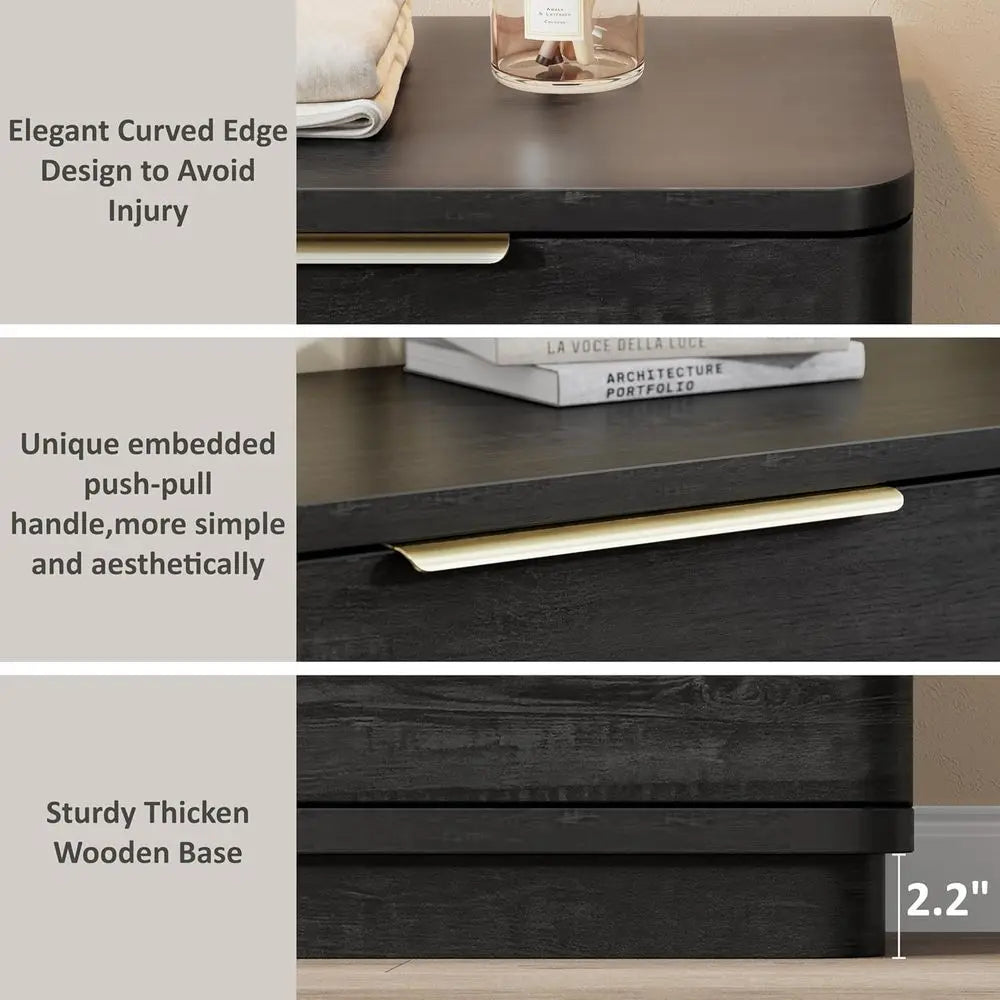 Wide 54 Black Wooden Dresser with Metal Handles, Curved Design for Bedroom, Living Room, or Hallway Storage