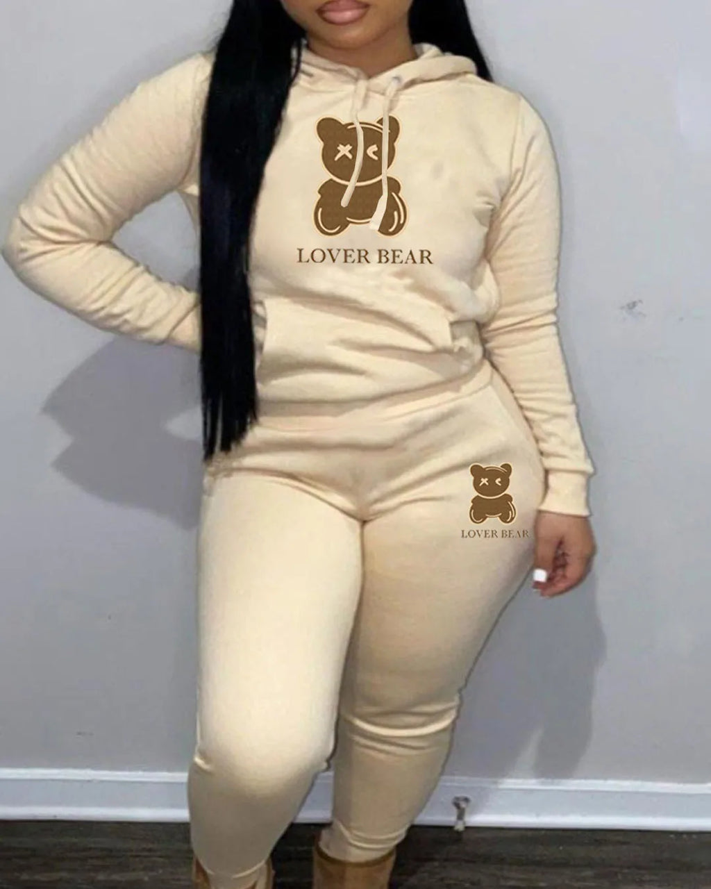 2 Piece Set Women Outfit Letter Bear Print Hooded Neck Hoodies Sweatshirt Pants Tracksuit 2024 Plus Size Streetwear Casual Suit