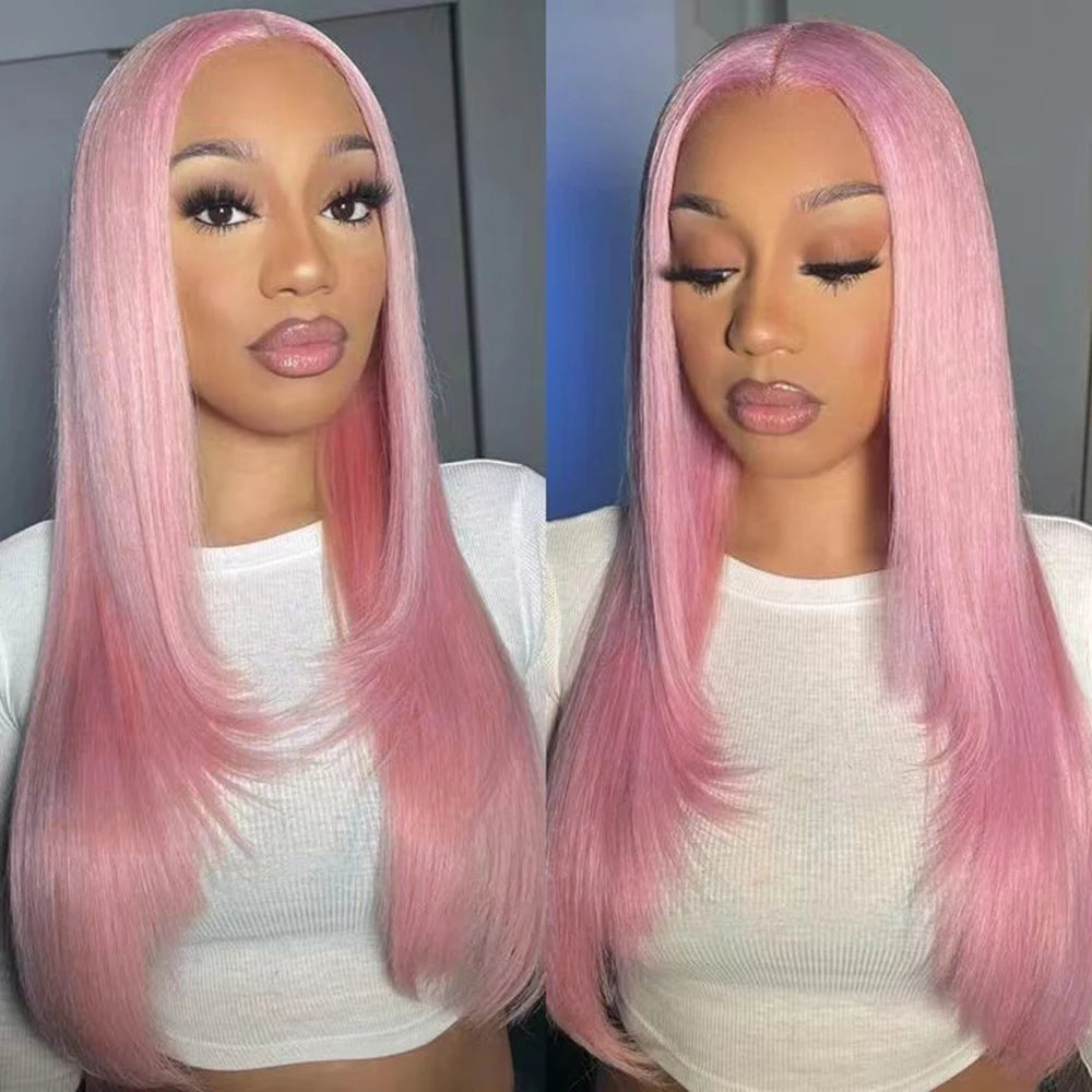 RONGDUOYI Pink Hair Layered Haircut Straight Lace Front Wigs Natural Hair Long Straight Cosplay Heat Fiber Synthetic Wig Purple Main image