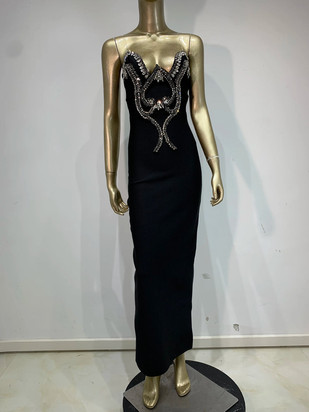 Women Sexy Strapless Beading Rhinestone Black Maxi Long Summer Bodycon Bandage Dress 2025/2026 Elegant Evening Club Party Dress