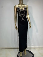 Women Sexy Strapless Beading Rhinestone Black Maxi Long Summer Bodycon Bandage Dress 2025/2026 Elegant Evening Club Party Dress
