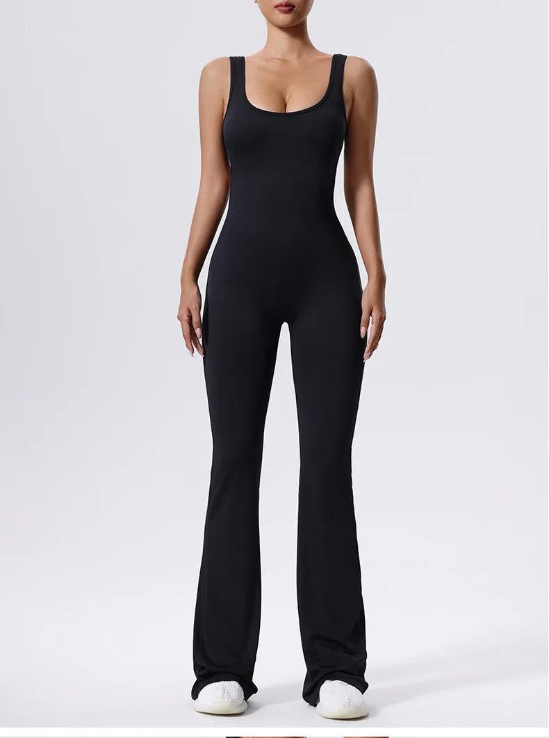 V Back Scrunch Gym Set Women Sport One-Piece Suit Yoga Suit Flared Pants Women Sports Jumpsuit Fitness Rompers Workout Bodysuits