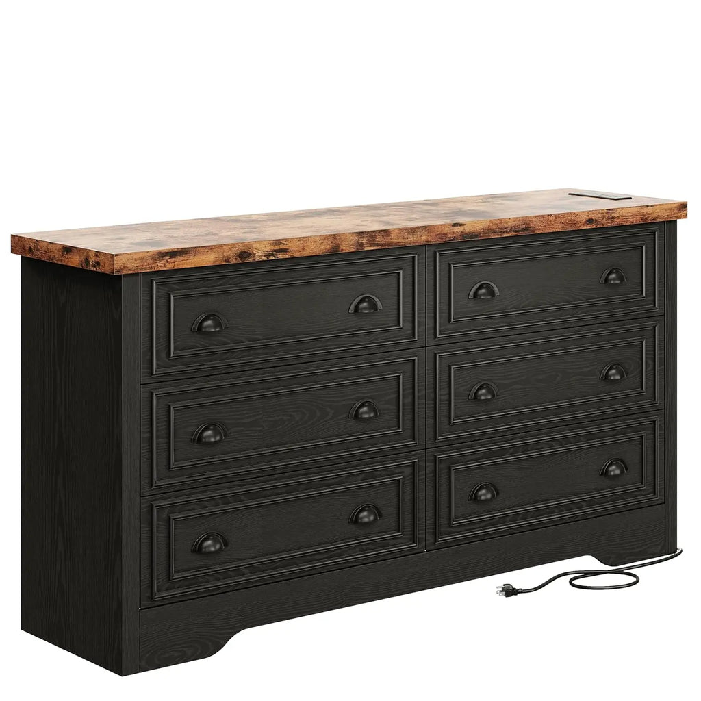 59" 6 Drawers Dresser for Bedroom, Power Strip, Farmhouse Large Wood Dressers & Chest of Drawers with Wide Storage, Customized