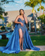 EVLAST Customized Blue Mermaid Prom Dress Pearls Beaded High Slit Detachable Train Evening Gown For Special Occasion E3P386