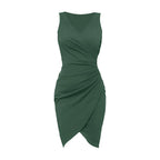 Summer Sexy Solid Sleeveless V-Neck Women Dress Hip Slim Fit Ruched Bodycon Skirt Fashion Simple Ladies Evening Party Dress