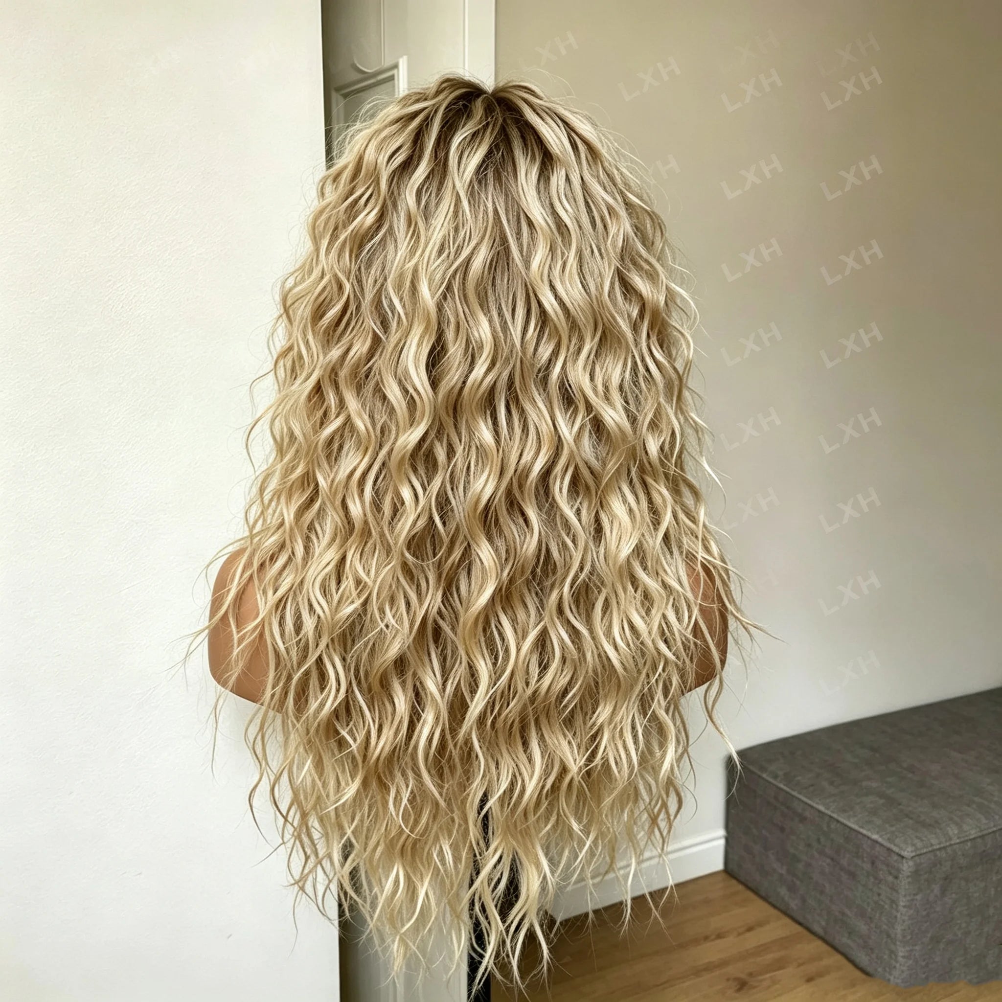 Glueless Soft Women's Ombre Blond Kinky Curly Wig 26 Inch Long 180 Density Pre-plucked Synthetic Lace Front with Baby Hair for D