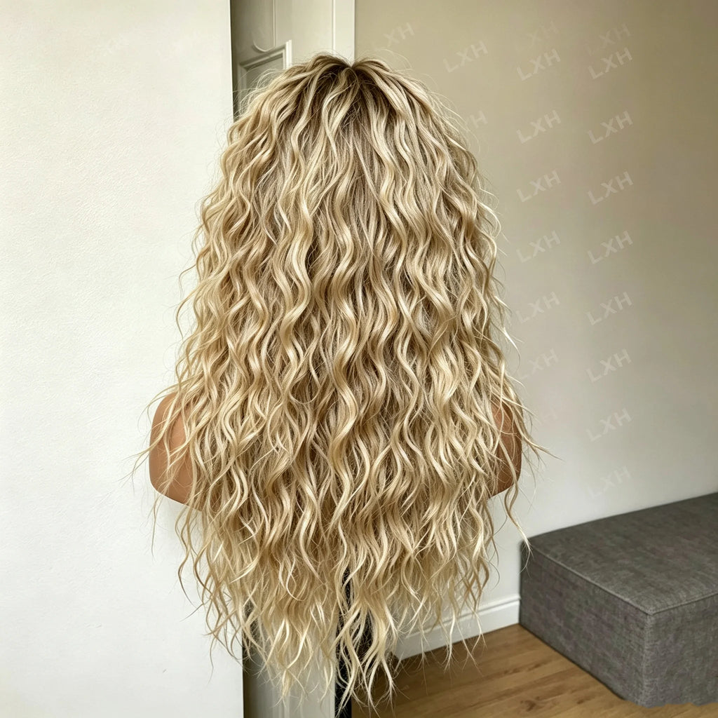 Glueless Soft Women's Ombre Blond Kinky Curly Wig 26 Inch Long 180 Density Pre-plucked Synthetic Lace Front with Baby Hair for D