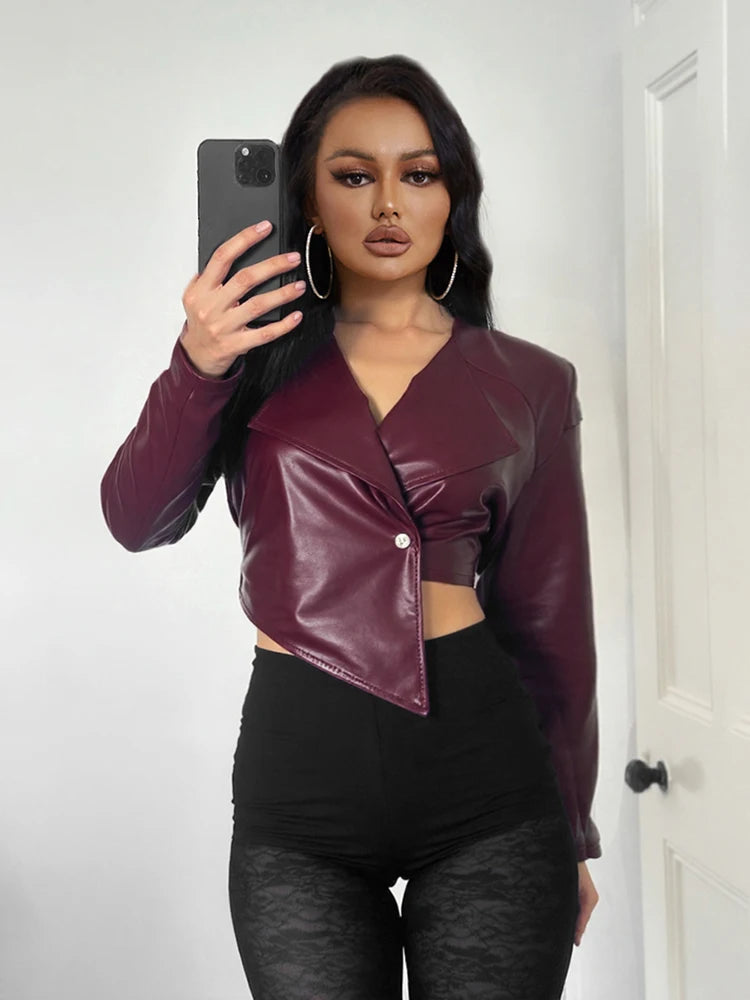 Sisterlinda Faux Leather Single Button Crop Jacket Women Autumn Trend Cross Neck Full Sleeve Wild Style Classic Streetwear Coat