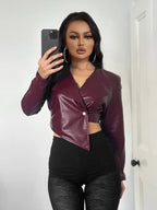 Sisterlinda Faux Leather Single Button Crop Jacket Women Autumn Trend Cross Neck Full Sleeve Wild Style Classic Streetwear Coat