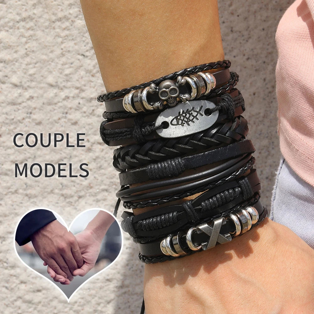 Fashion Bracelet Viking  Bracelet For Men Hand Bracelets Woven Skull Hand Jewelry Adjustable Leather Set viking man bracelet Secondary image