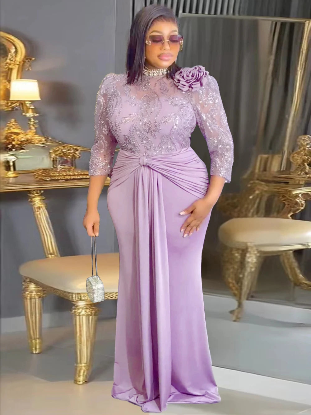 Elegant Women Luxury Party Dresses Sequin Pleated Mermaid Gown Wedding Prom Birthday Dinner Long Dress Ladies Africa Clothing