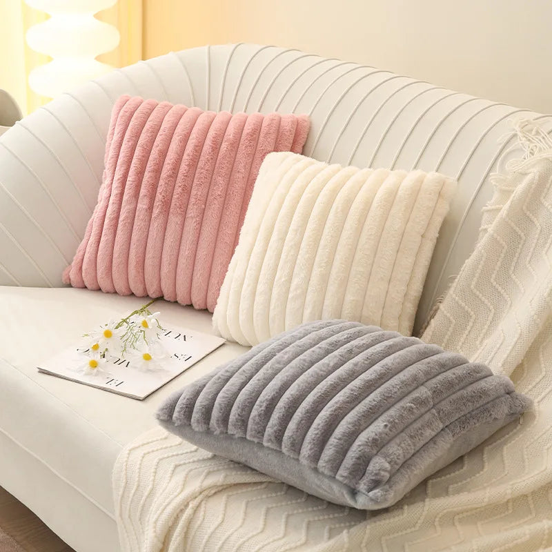 Faux Rabbit Fur Square Cushion Cover Big Thick Striped Super Soft Solid Color Pillow Cover 45x45cm Sofa Decor Cushion Cover Main image