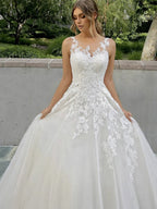 Customized Elegant Women Wedding Dresses Appliques Scoop Neck Tulle Bridal Gowns Formal Vestido De Noiva robe de mariée