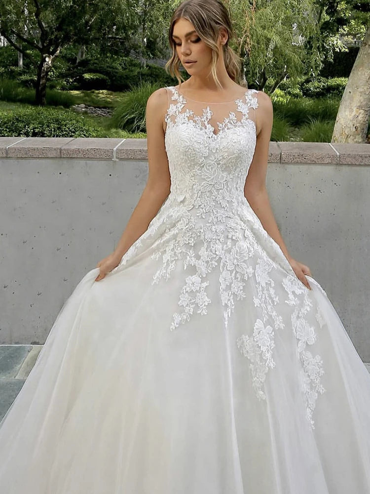 Customized Elegant Women Wedding Dresses Appliques Scoop Neck Tulle Bridal Gowns Formal Vestido De Noiva robe de mariée Main image