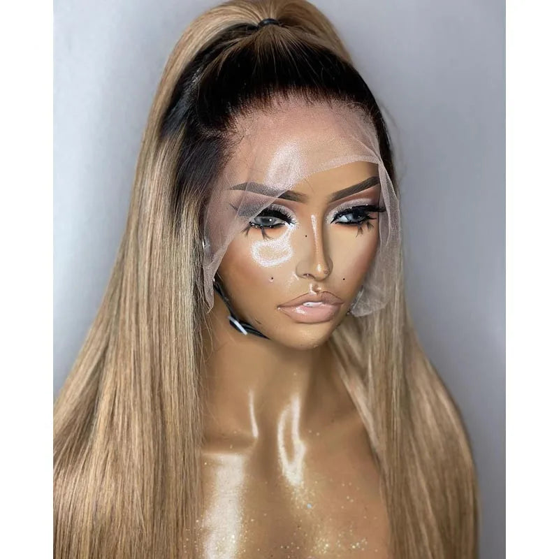 26Inch Ombre Blonde Straight Synthetic 180%Density Lace Front Wig For Women With BabyHair Preplucked Glueless Secondary image