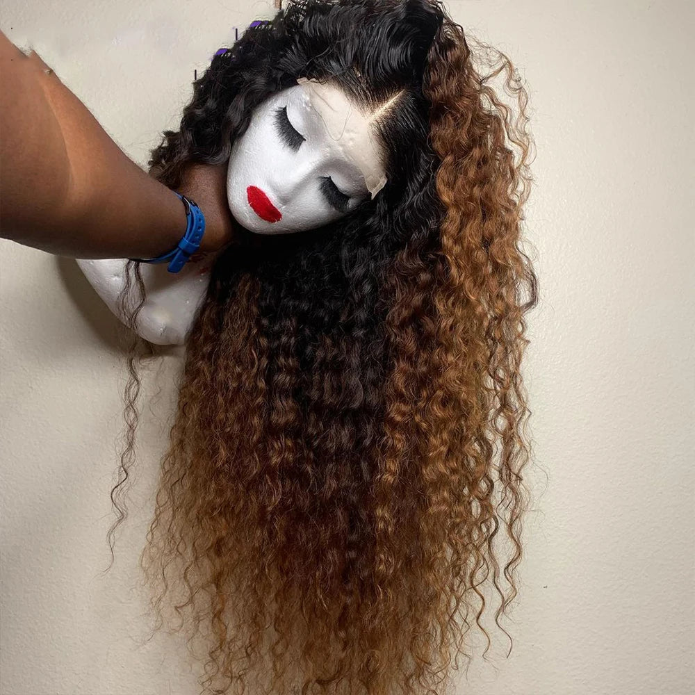Soft Ombre Brown Kinky Curly 180Density 26Inch Long Lace Front Wig For Black Women With Baby Hair Preplucked Natural Hairline