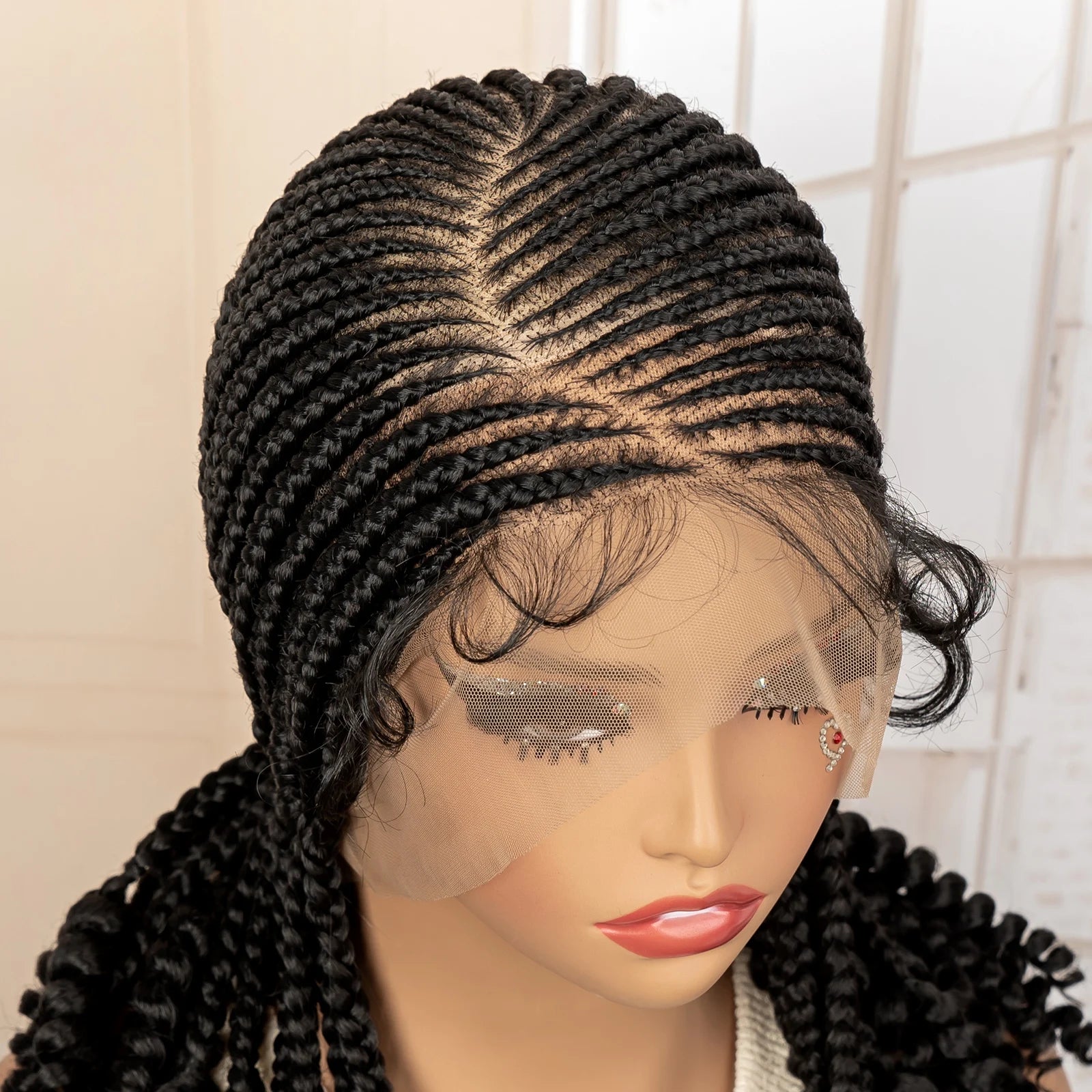 Full Lace Braided Wig with Curly Ends Synthetic Cornrow Braids Wig for Black Women Lace Frontal Afro Knotless Braiding Wigs Secondary image