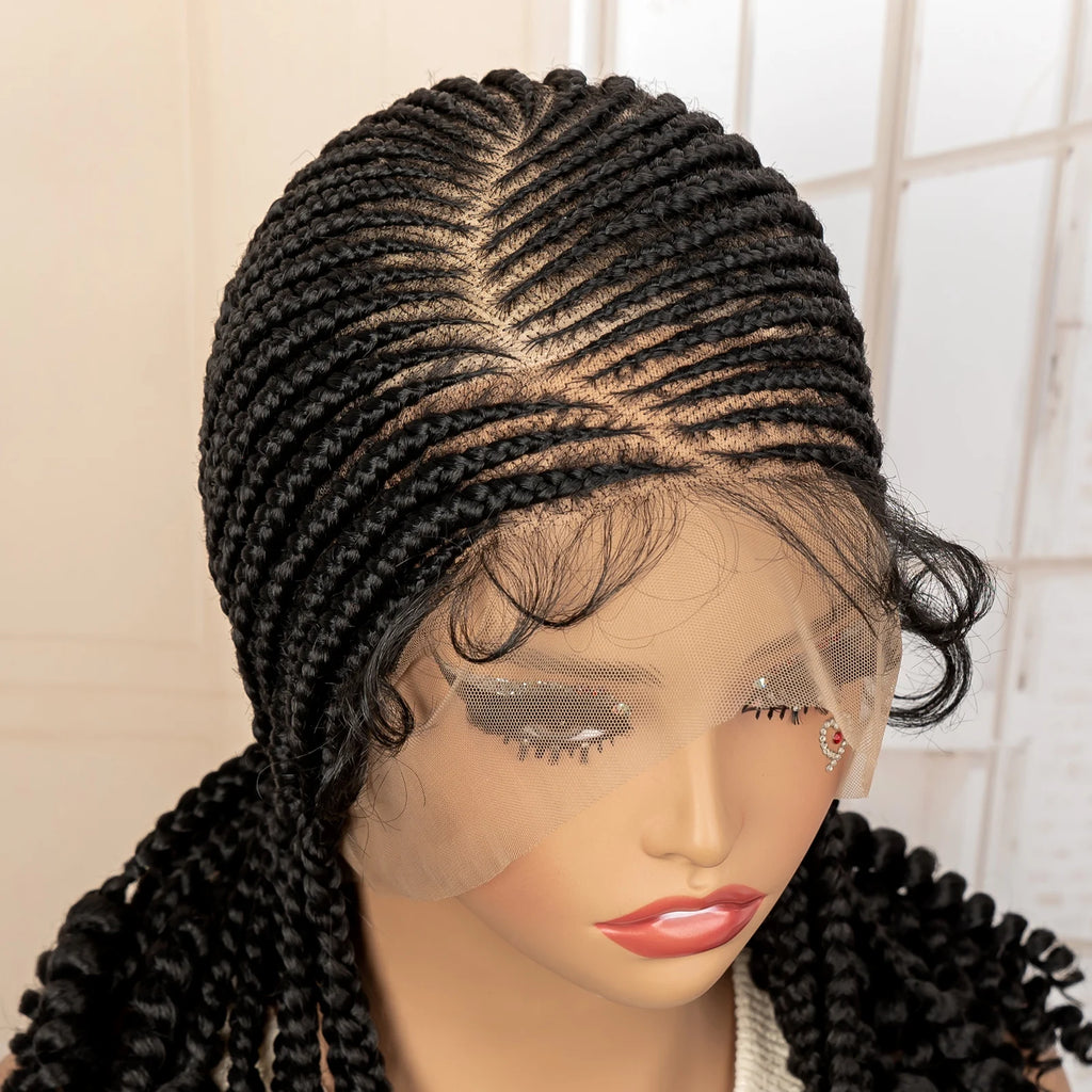Full Lace Braided Wig with Curly Ends Synthetic Cornrow Braids Wig for Black Women Lace Frontal Afro Knotless Braiding Wigs