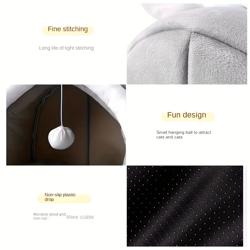 1 Comfortable Cartoon Cat House with Removable Pad, Modern Style Pet Bed Cave, Indoor Plush House Bed with Pompom