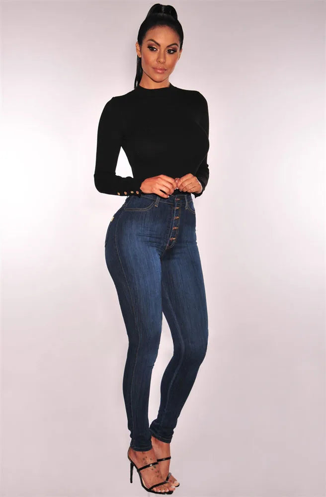 Women High Waist Elastic Slim Fit Skinny Jeans Lady Vintage Button Pencil Long Pants Narrow Straight Wrap Hips Casual Trousers