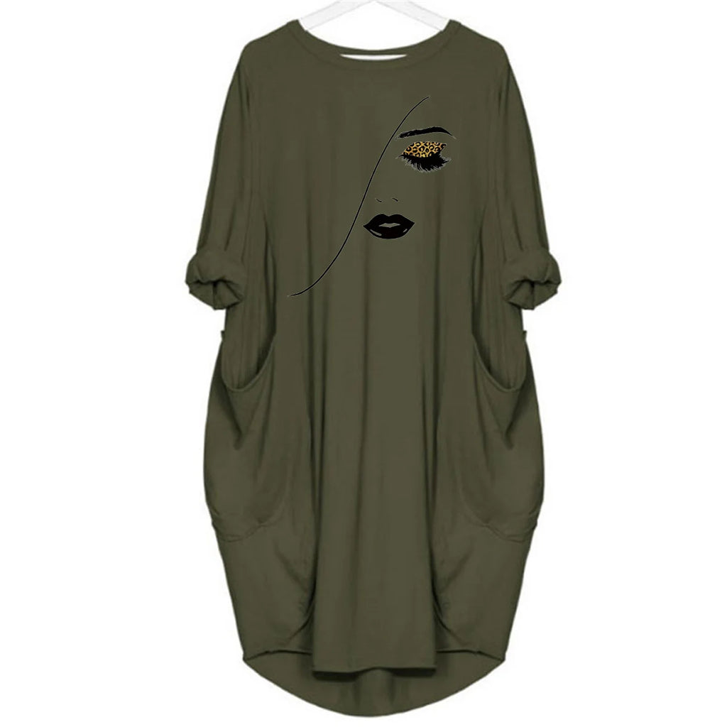 Women's Spring and Summer Sketched Portrait Pattern Printed Casual Fashion Loose Large Size Long Sleeve Pocket Dress