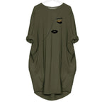 Women's Spring and Summer Sketched Portrait Pattern Printed Casual Fashion Loose Large Size Long Sleeve Pocket Dress
