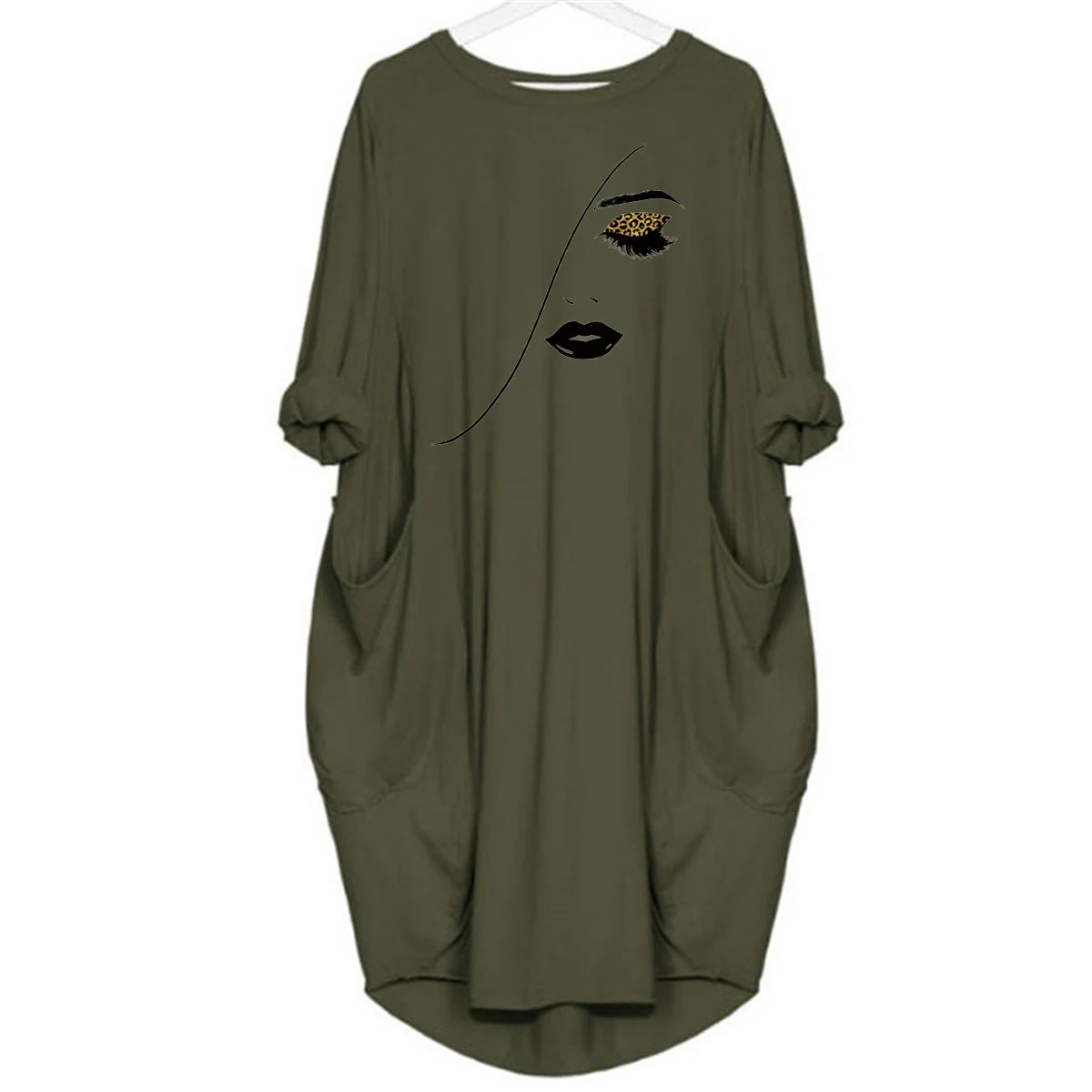 Women's Spring and Summer Sketched Portrait Pattern Printed Casual Fashion Loose Large Size Long Sleeve Pocket Dress