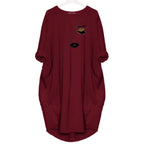 Women's Spring and Summer Sketched Portrait Pattern Printed Casual Fashion Loose Large Size Long Sleeve Pocket Dress