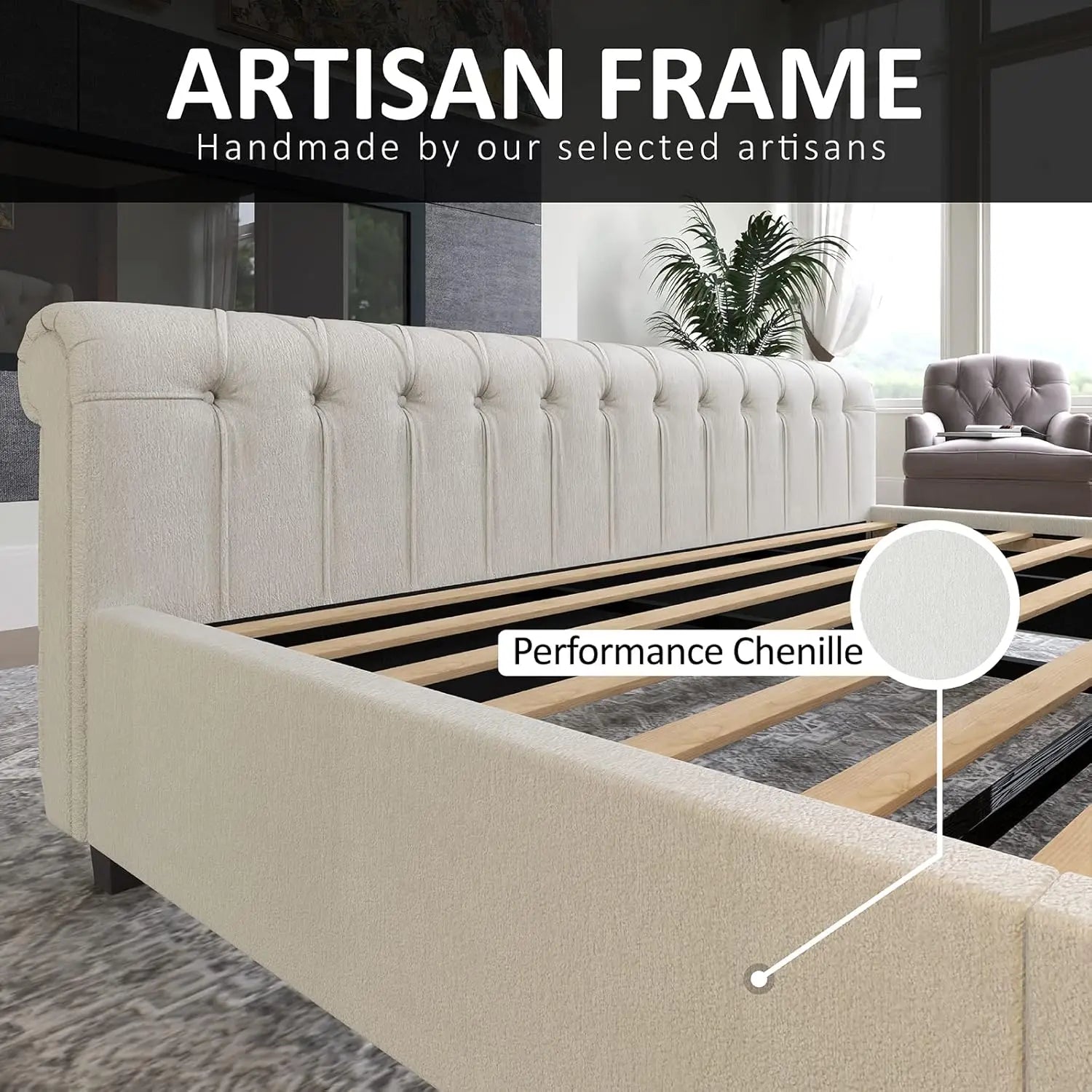 Queen Size Platform Bed Frame, Chenille Upholstered Sleigh Bed with Scroll Wingback Headboard & Footboard/Button, Customized