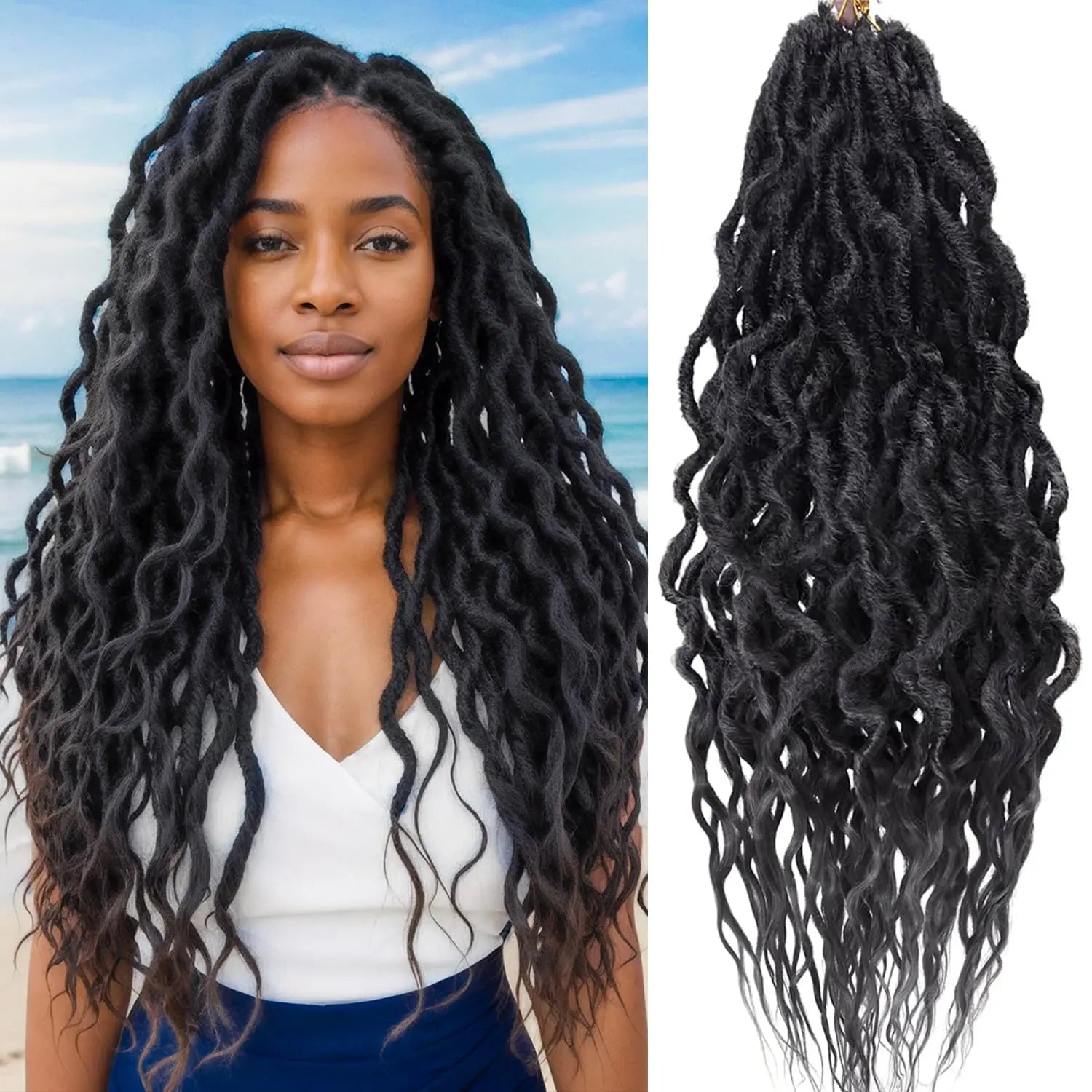 1/6Packs Goddess Locs Crochet Hair for Women,Pre Looped Crochet Braids with Wavy Curly Ends Queen Locs Synthetic Braid Extension Main image