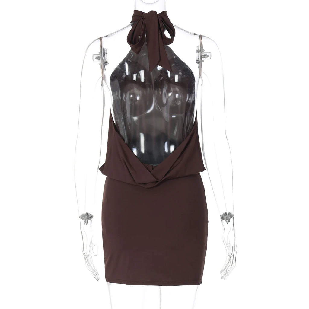 Dulzura Summer Fashion Sexy Halter Sleeveless Lace Up Backless Bodycon Mini Dress Women'S Solid Elegant Party Club Street Outfit