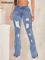 Women's Slim Fit Ripped Denim Jeans High Stretch Blue Pants Eyelet Lace Detail Streetwear Cowboy Style Y2K Flattering Bottoms