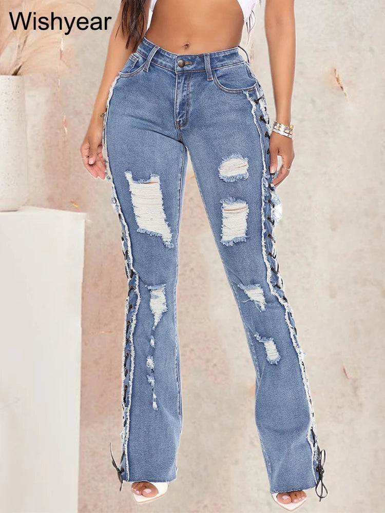Women's Slim Fit Ripped Denim Jeans High Stretch Blue Pants Eyelet Lace Detail Streetwear Cowboy Style Y2K Flattering Bottoms Main image