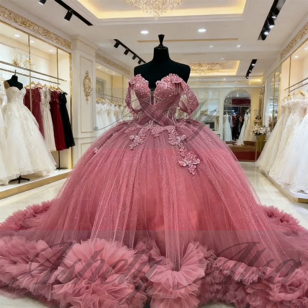 Customized Elegant Pink Quinceanera Dress Ball Gown Beads Applique Corset Pageant Sweet 15 Party Tiered Ruffle Prom Party Dress