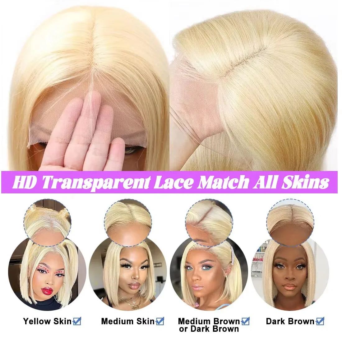 613 Blonde Bob Wig Human Hair Straight 12 Inch 180% Density 13x4 HD Transparent Lace Front Wigs Virgin Brazilian Hair For Women Secondary image