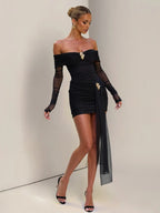 Nibber Metal Trim Dress Women Slash Neck Backless Peach Hip Ruched Ribbon Mesh Long Sleeve Sexy Stretch Skinny Party Bodycon