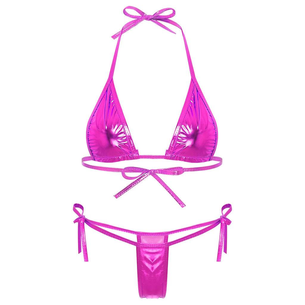 Womens Brazilian Micro Bikini Swimsuit Biquini Set Lacing Non-Padded Triangle Cup Bra Top with G-String Metallic Shiny Swimwear