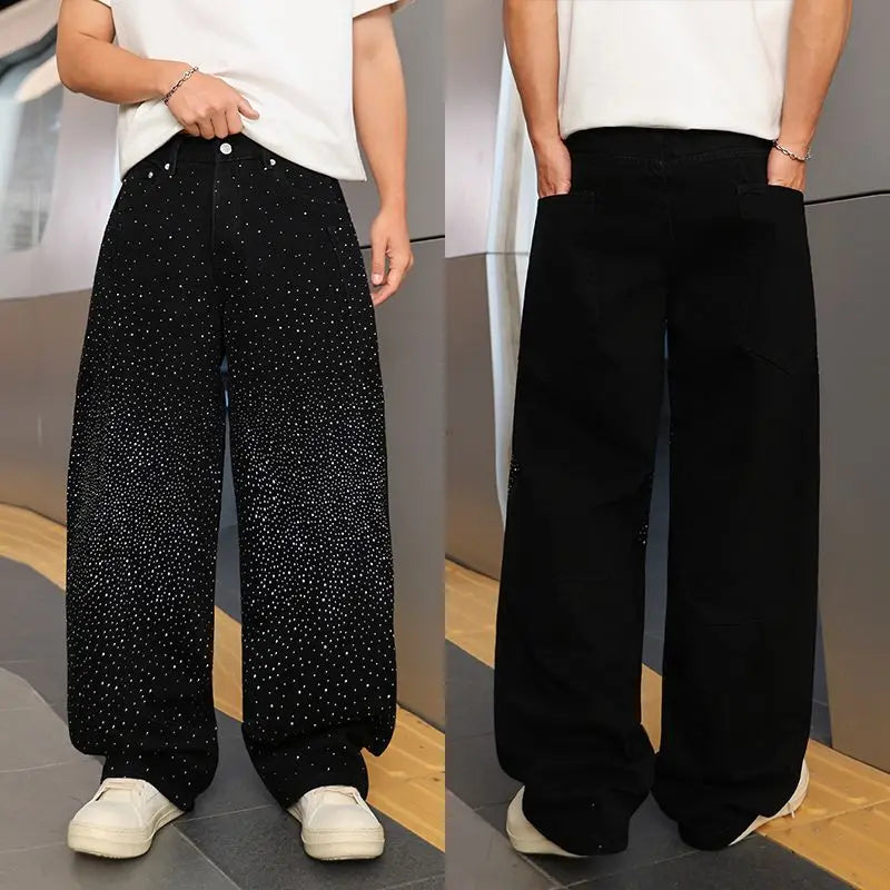 Spring/Summer Rhinestone Straight Leg Jeans Retro Loose Fit Slimming Pants Casual Korean Style Long Pants