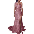 2026 Women's Wedding Party Dress Evening Elegant Sexy Deep V Neck One Shoulder Sleeveless Sequined Long Maxi Dresses For Women
