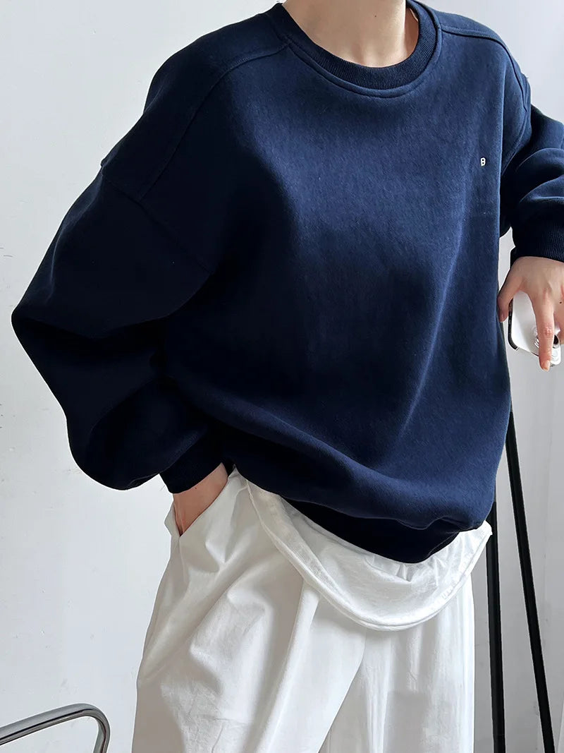 Autumn New Casual Loose Solid Hoodie Women's Embroidered Long Sleeve Top With Velvet