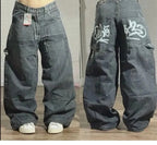 American New Fashion Oversized Letter Printing Black Washed Jeans Ladies Y2K Popular Casual Joker Loose Wide-leg Mop Pants
