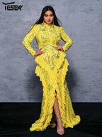 Yesexy Plus Size Elegant Beautiful Women Round Neck Long Sleeved Split Evening Gown Wedding Birthday Party Formal Occasion Dress